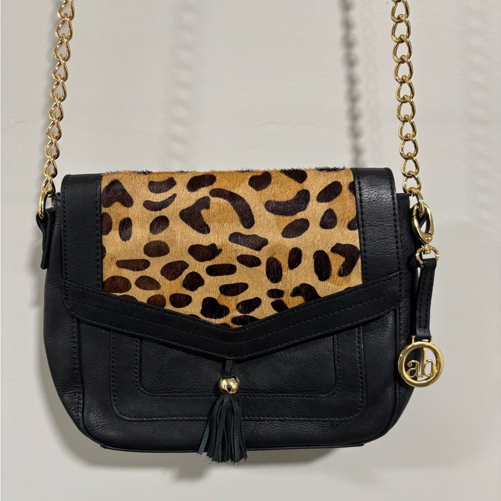 Audrey Brooke Black and Brown Crossbody Bag with Gold Chain. Genuine Leather.